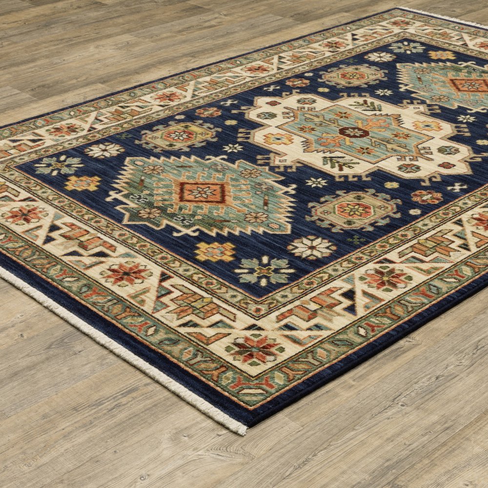 8' X 11' Navy Charcoal Orange Rust Gold Pale Blue Olive Beige And Salmon Oriental Power Loom Stain Resistant Area Rug With Fringe