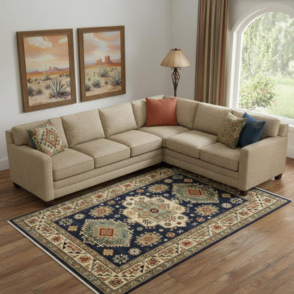 8' X 11' Navy Charcoal Orange Rust Gold Pale Blue Olive Beige And Salmon Oriental Power Loom Stain Resistant Area Rug With Fringe