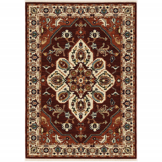 2' X 3' Red Ivory Orange And Blue Oriental Power Loom Stain Resistant Area Rug With Fringe