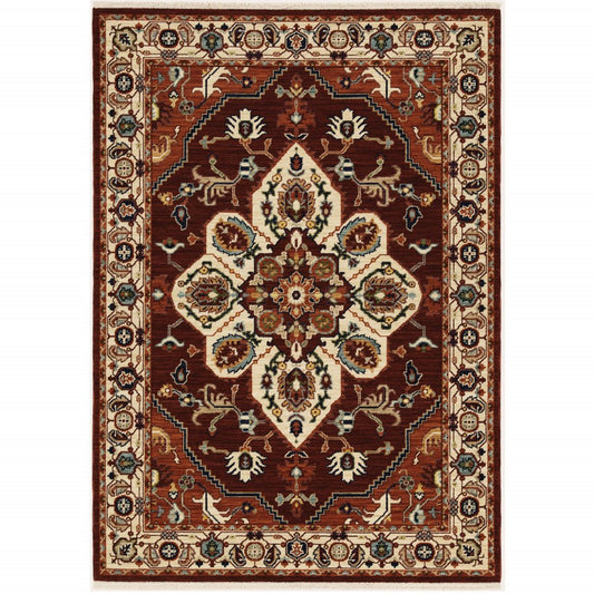 2' X 3' Red Ivory Orange And Blue Oriental Power Loom Stain Resistant Area Rug With Fringe