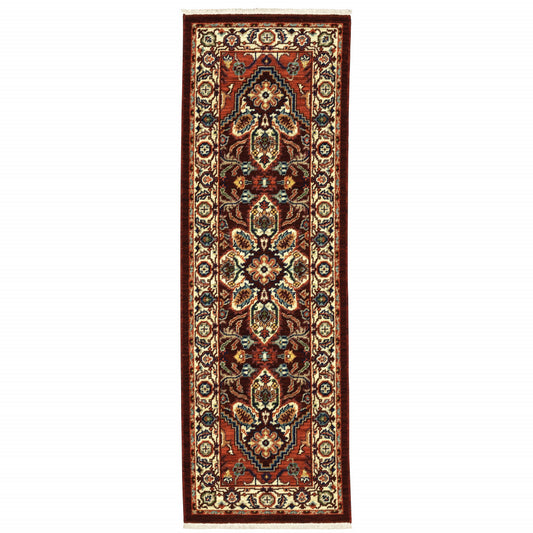 2' X 6' Red Ivory Orange And Blue Oriental Power Loom Stain Resistant Runner Rug With Fringe