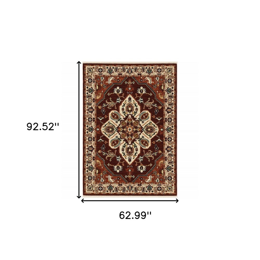 5' X 8' Red Ivory Orange And Blue Oriental Power Loom Stain Resistant Area Rug With Fringe