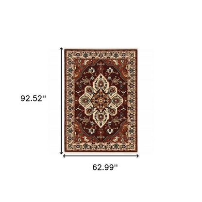 5' X 8' Red Ivory Orange And Blue Oriental Power Loom Stain Resistant Area Rug With Fringe