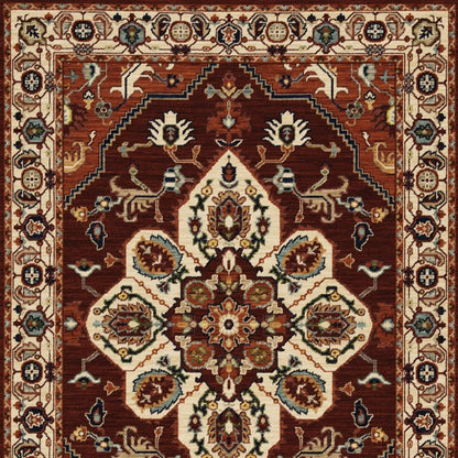 5' X 8' Red Ivory Orange And Blue Oriental Power Loom Stain Resistant Area Rug With Fringe