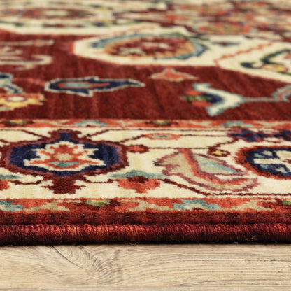 7' X 10' Red And Ivory Oriental Area Rug With Fringe