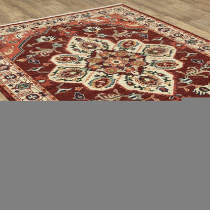 7' X 10' Red And Ivory Oriental Area Rug With Fringe