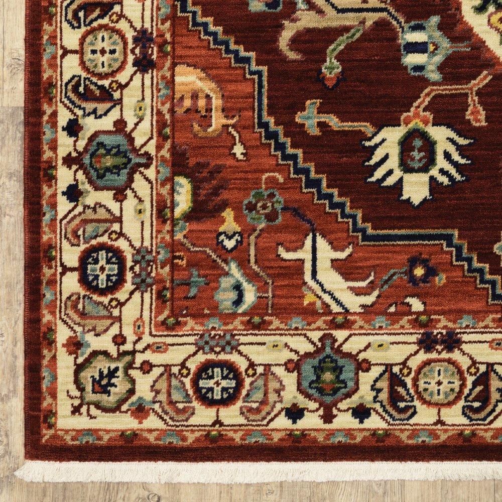 7' X 10' Red And Ivory Oriental Area Rug With Fringe