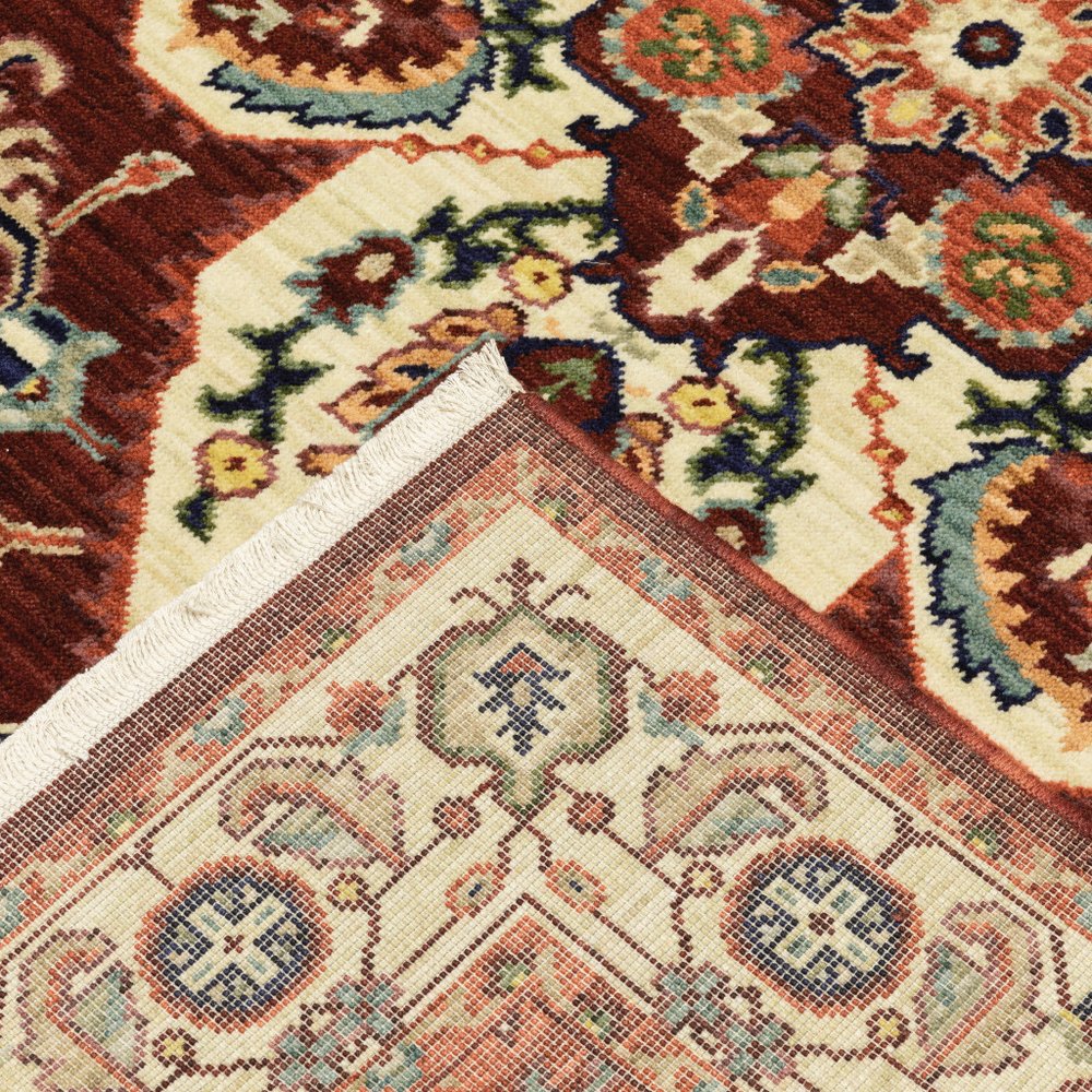 7' X 10' Red And Ivory Oriental Area Rug With Fringe