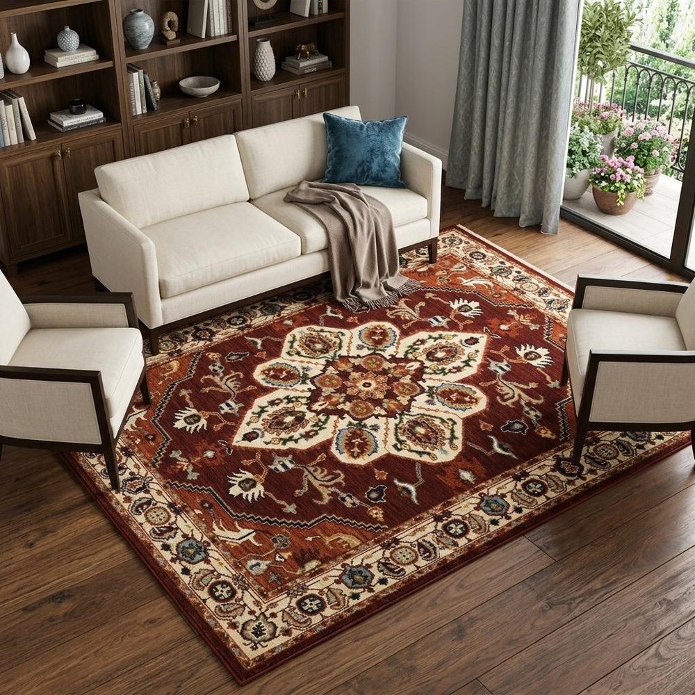 8' X 11' Red And Ivory Oriental Area Rug With Fringe