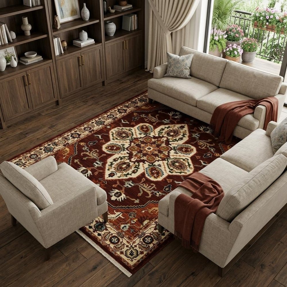 8' X 11' Red And Ivory Oriental Area Rug With Fringe