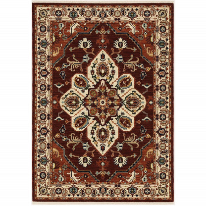 8' X 11' Red And Ivory Oriental Area Rug With Fringe