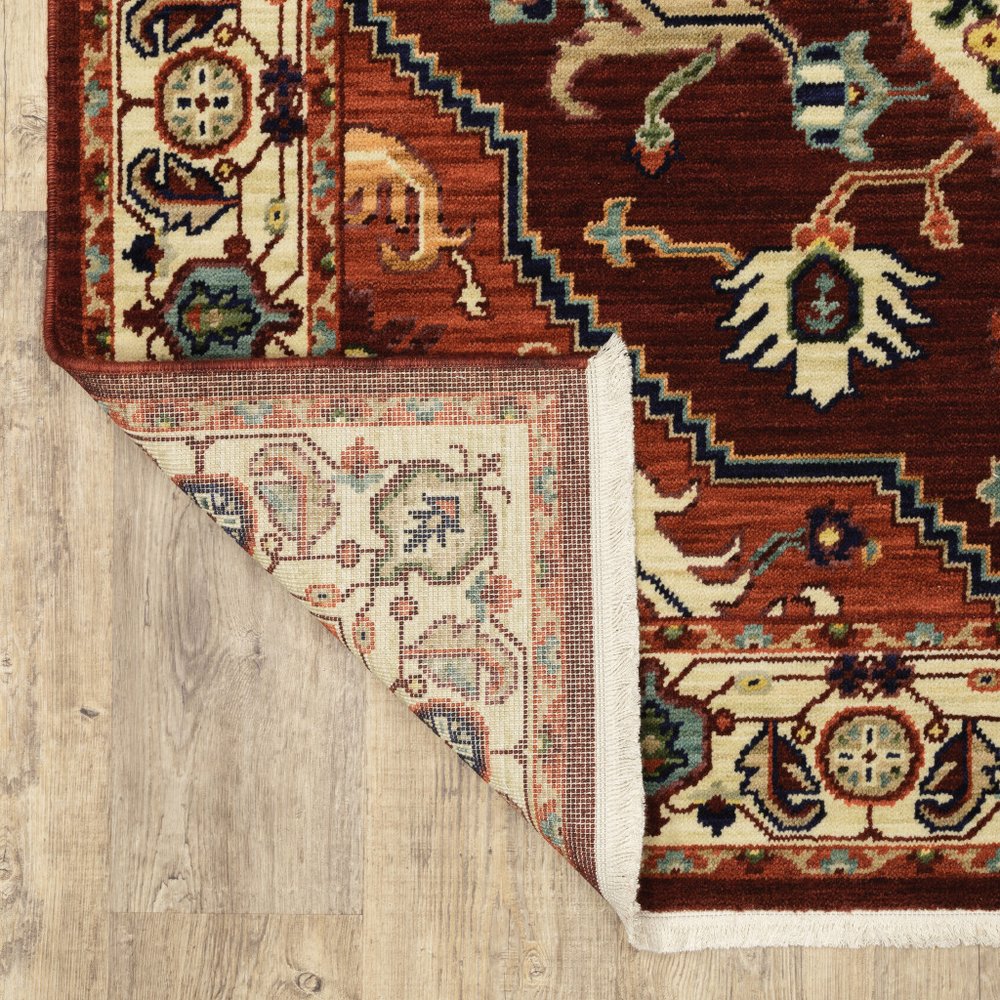 8' X 11' Red And Ivory Oriental Area Rug With Fringe