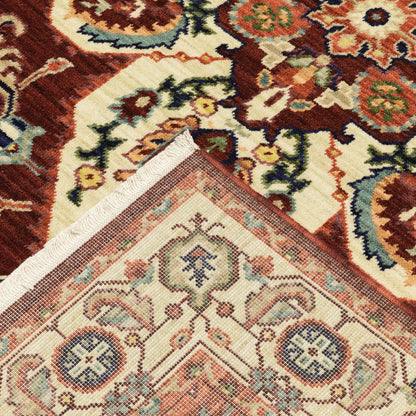 8' X 11' Red And Ivory Oriental Area Rug With Fringe