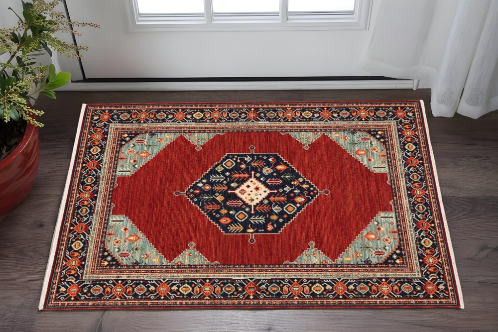 2' X 3' Red Blue Orange And Ivory Oriental Power Loom Stain Resistant Area Rug With Fringe