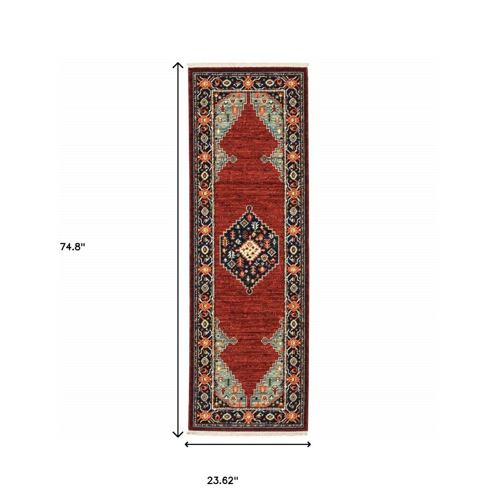 6' Red Blue And Black Medallion Runner Rug