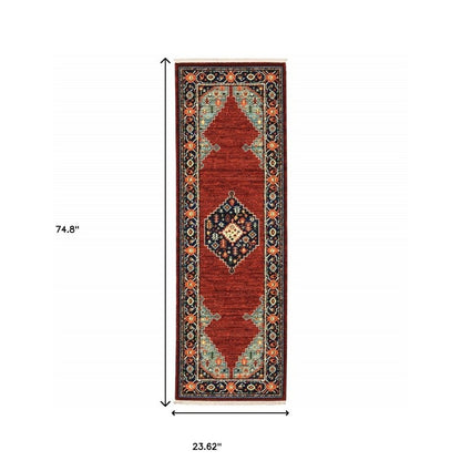 6' Red Blue And Black Medallion Runner Rug