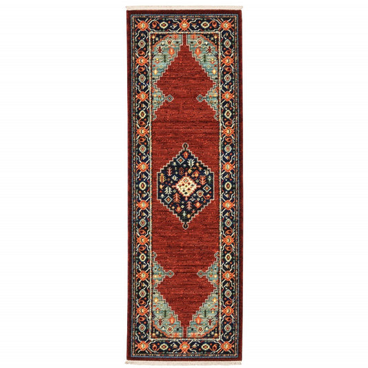 6' Red Blue And Black Medallion Runner Rug