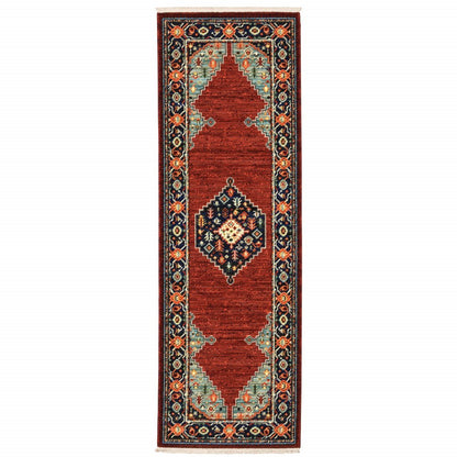 6' Red Blue And Black Medallion Runner Rug