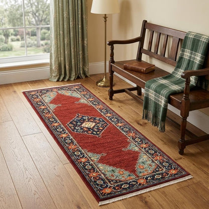 6' Red Blue And Black Medallion Runner Rug