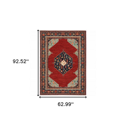 5' X 8' Red Blue And Black Oriental Area Rug With Fringe