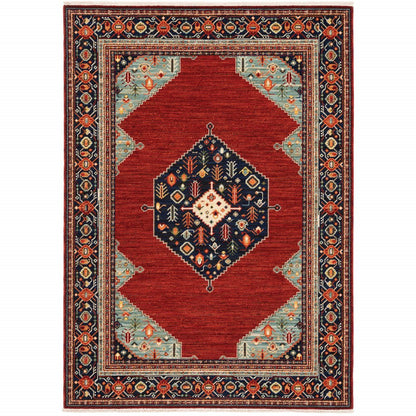5' X 8' Red Blue And Black Oriental Area Rug With Fringe