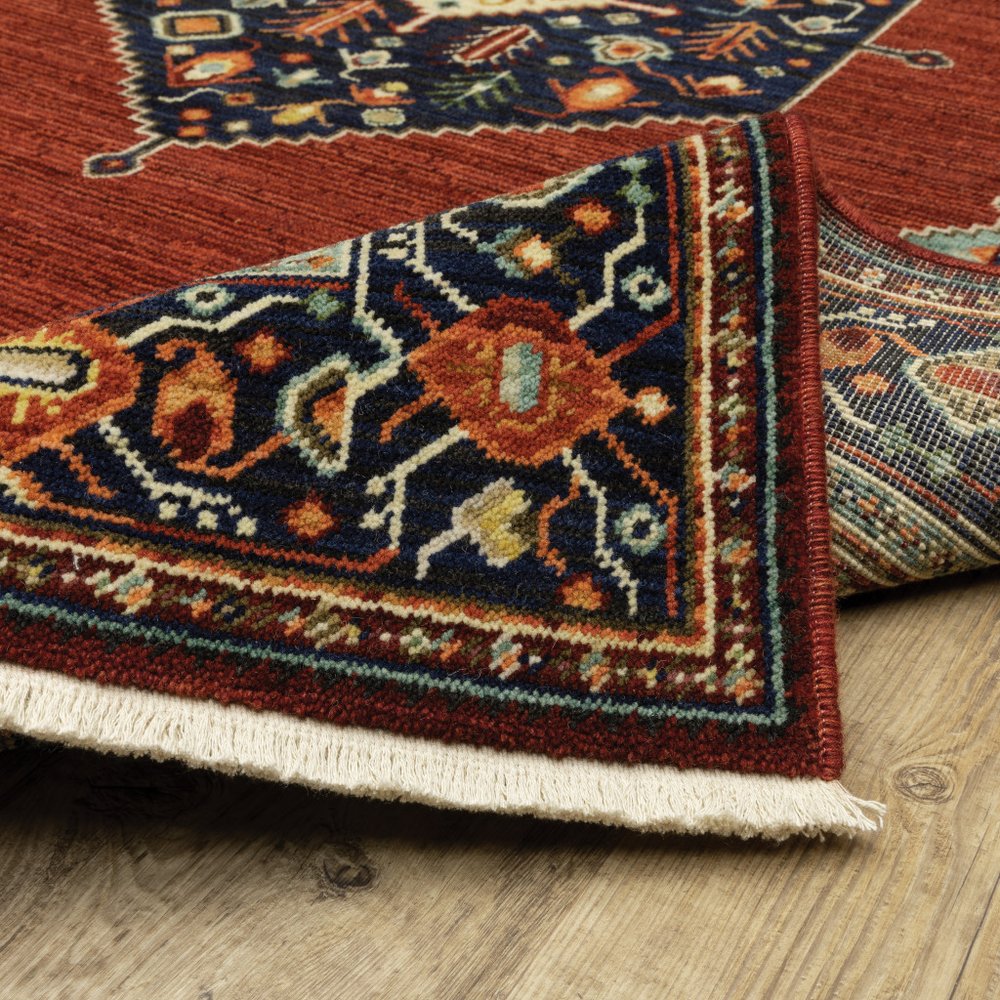 5' X 8' Red Blue And Black Oriental Area Rug With Fringe