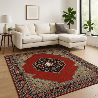 6' X 9' Blue And Red Oriental Power Loom Area Rug With Fringe