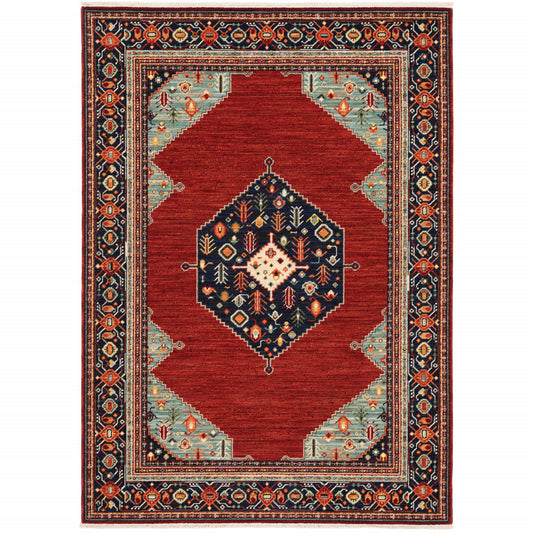 8' X 11' Red Blue Orange And Ivory Oriental Power Loom Stain Resistant Area Rug With Fringe