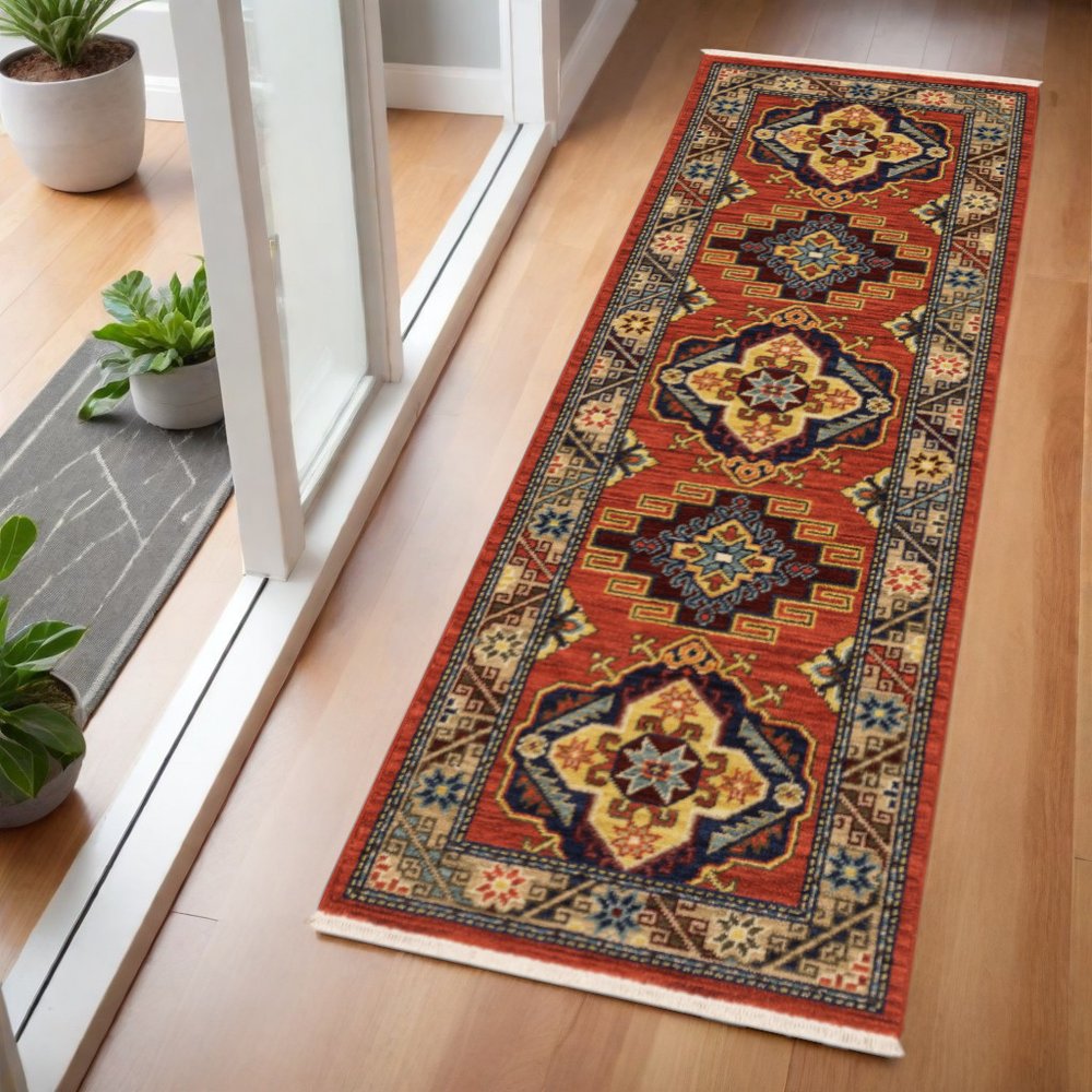 2' X 6' Red Gold Blue Brown Oriental Power Loom Stain Resistant Runner Rug With Fringe