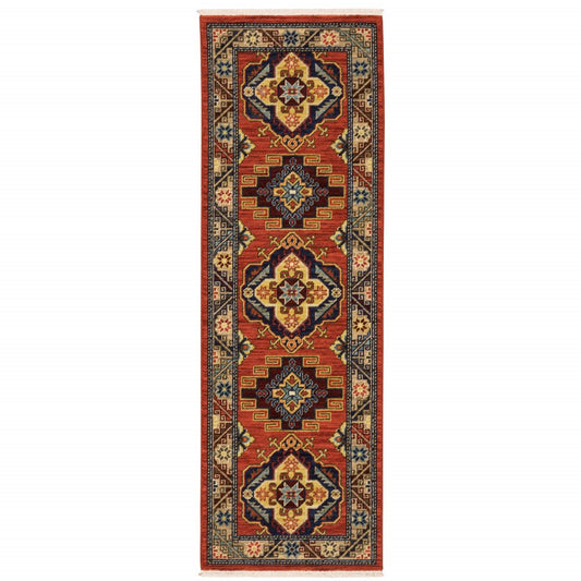 2' X 6' Red Gold Blue Brown Oriental Power Loom Stain Resistant Runner Rug With Fringe