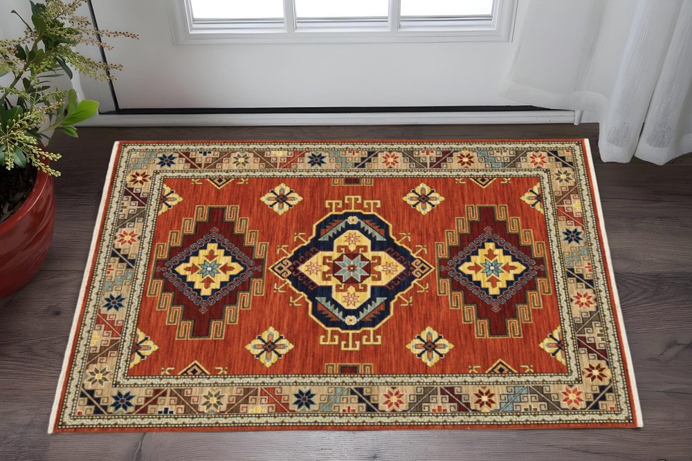 3' X 5' Red Blue and White Oriental Power Loom Area Rug