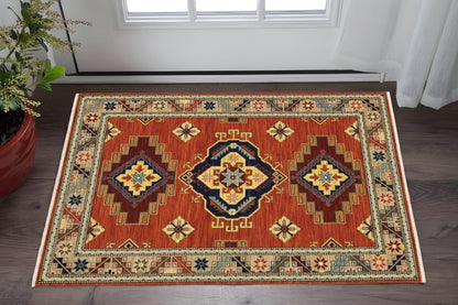 3' X 5' Red Blue and White Oriental Power Loom Area Rug