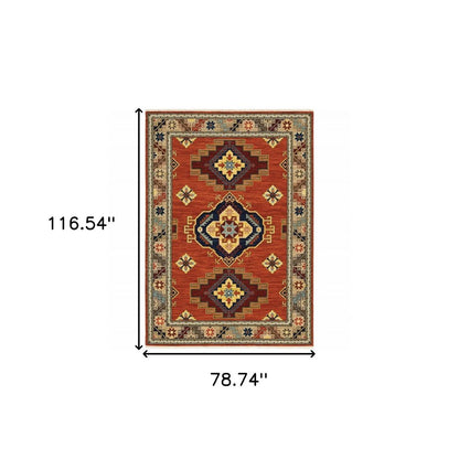 6' X 9' Red Gold Blue Brown Oriental Power Loom Stain Resistant Area Rug With Fringe