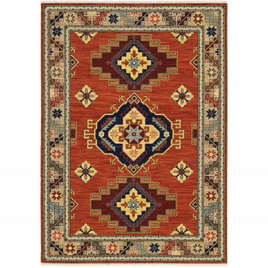 6' X 9' Red Gold Blue Brown Oriental Power Loom Stain Resistant Area Rug With Fringe