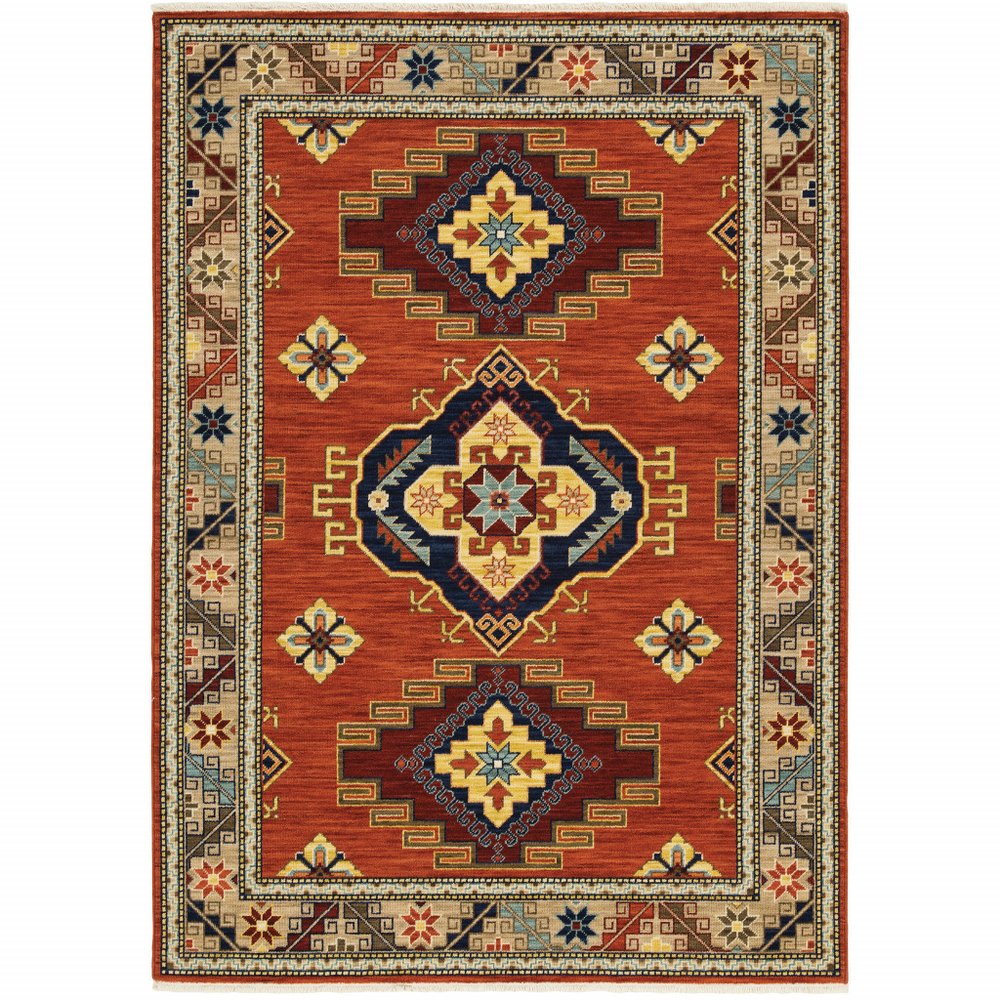6' X 9' Red Gold Blue Brown Oriental Power Loom Stain Resistant Area Rug With Fringe