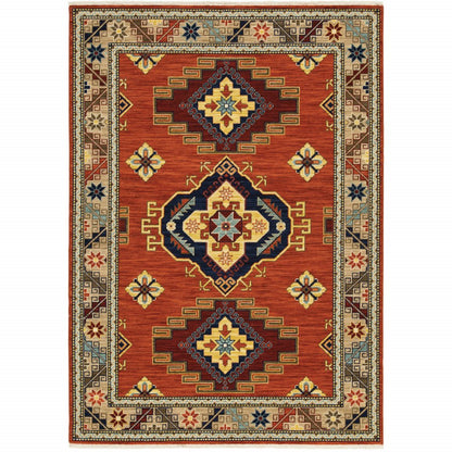 6' X 9' Red Gold Blue Brown Oriental Power Loom Stain Resistant Area Rug With Fringe