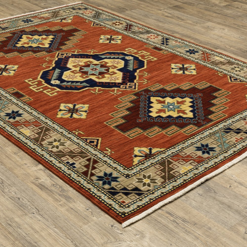 6' X 9' Red Gold Blue Brown Oriental Power Loom Stain Resistant Area Rug With Fringe