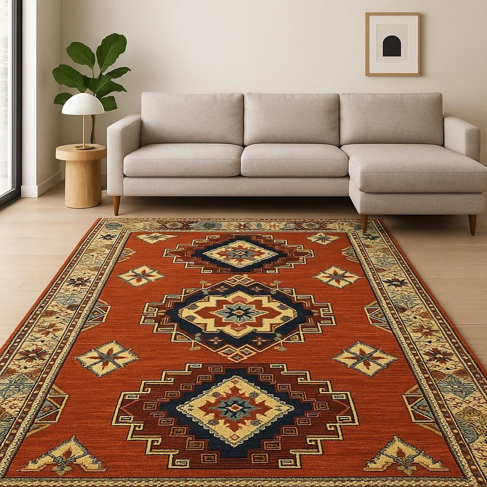 6' X 9' Red Gold Blue Brown Oriental Power Loom Stain Resistant Area Rug With Fringe