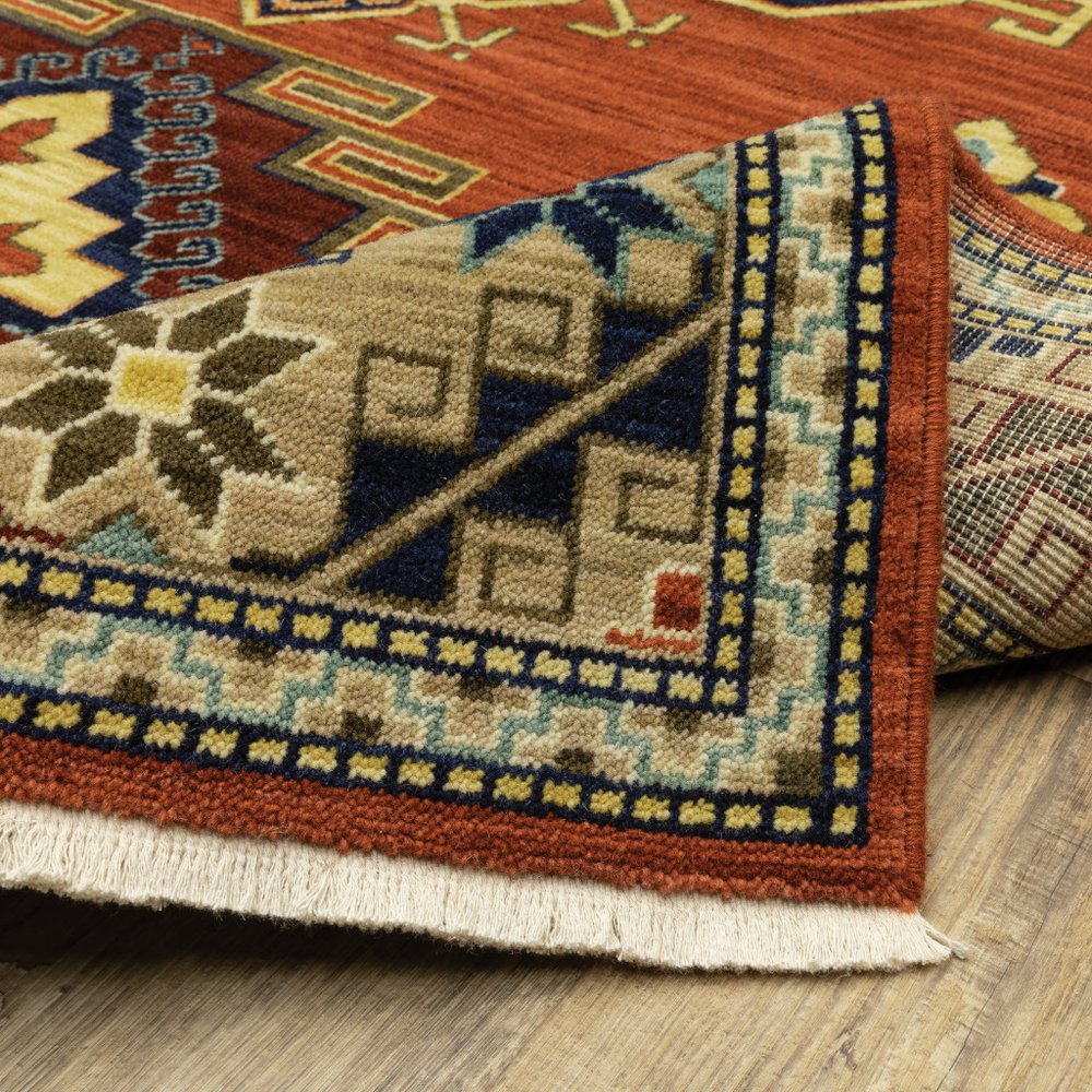 6' X 9' Red Gold Blue Brown Oriental Power Loom Stain Resistant Area Rug With Fringe