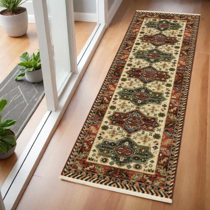 6' Red Blue and White Oriental Power Loom Runner Rug