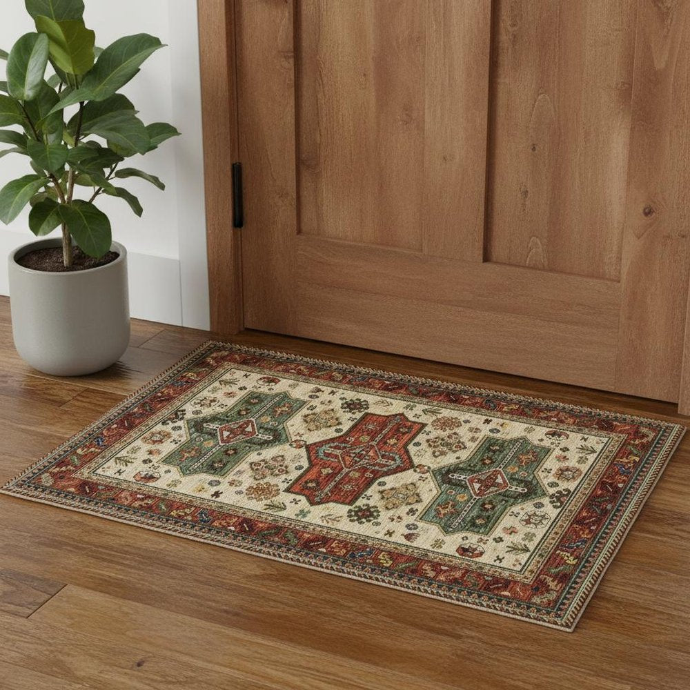 3' X 5' Brick Red Orange Rust Beige Gold Pale Blue Olive Navy And Black Oriental Power Loom Stain Resistant Area Rug With Fringe