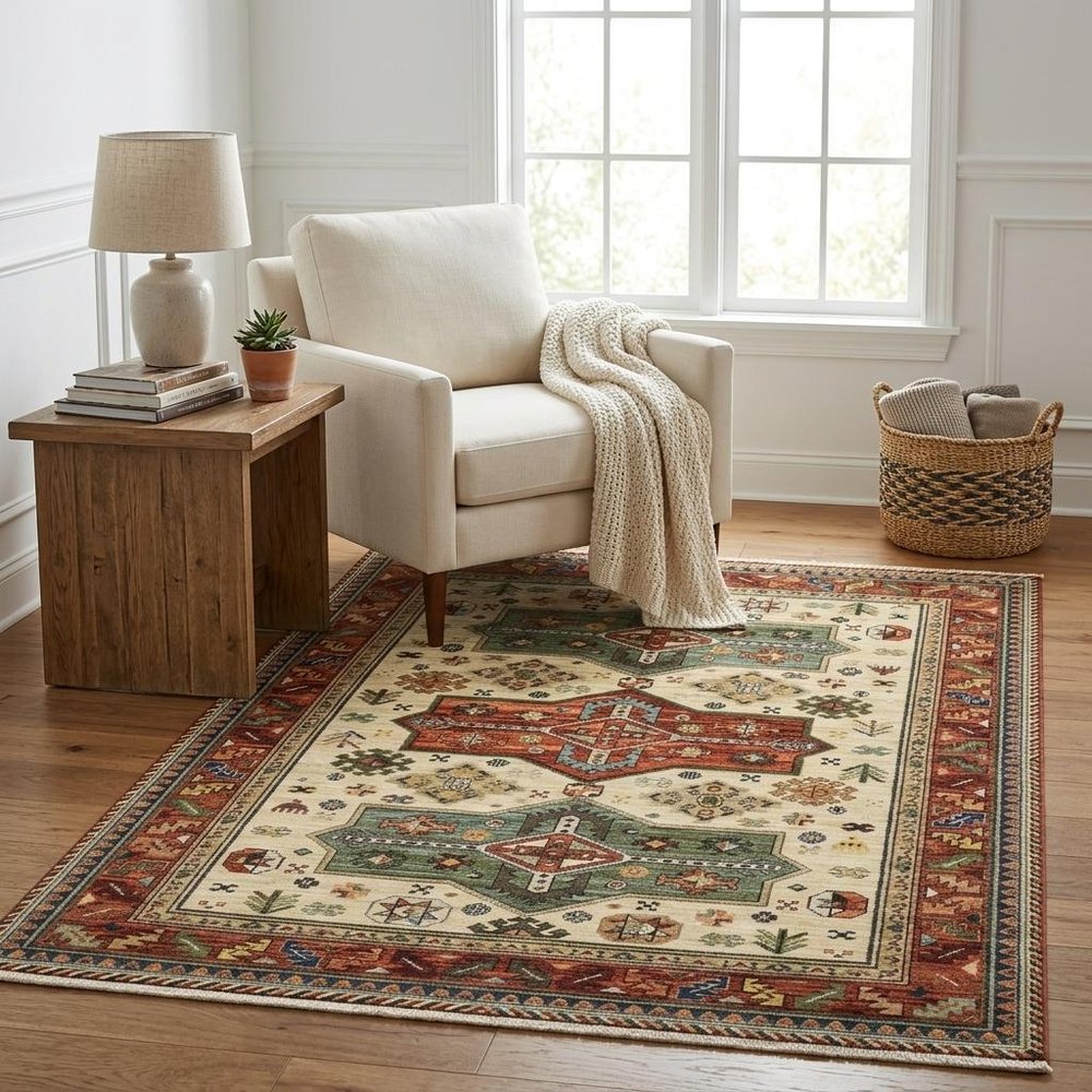 5' X 8' Red Blue And Beige Oriental Area Rug With Fringe