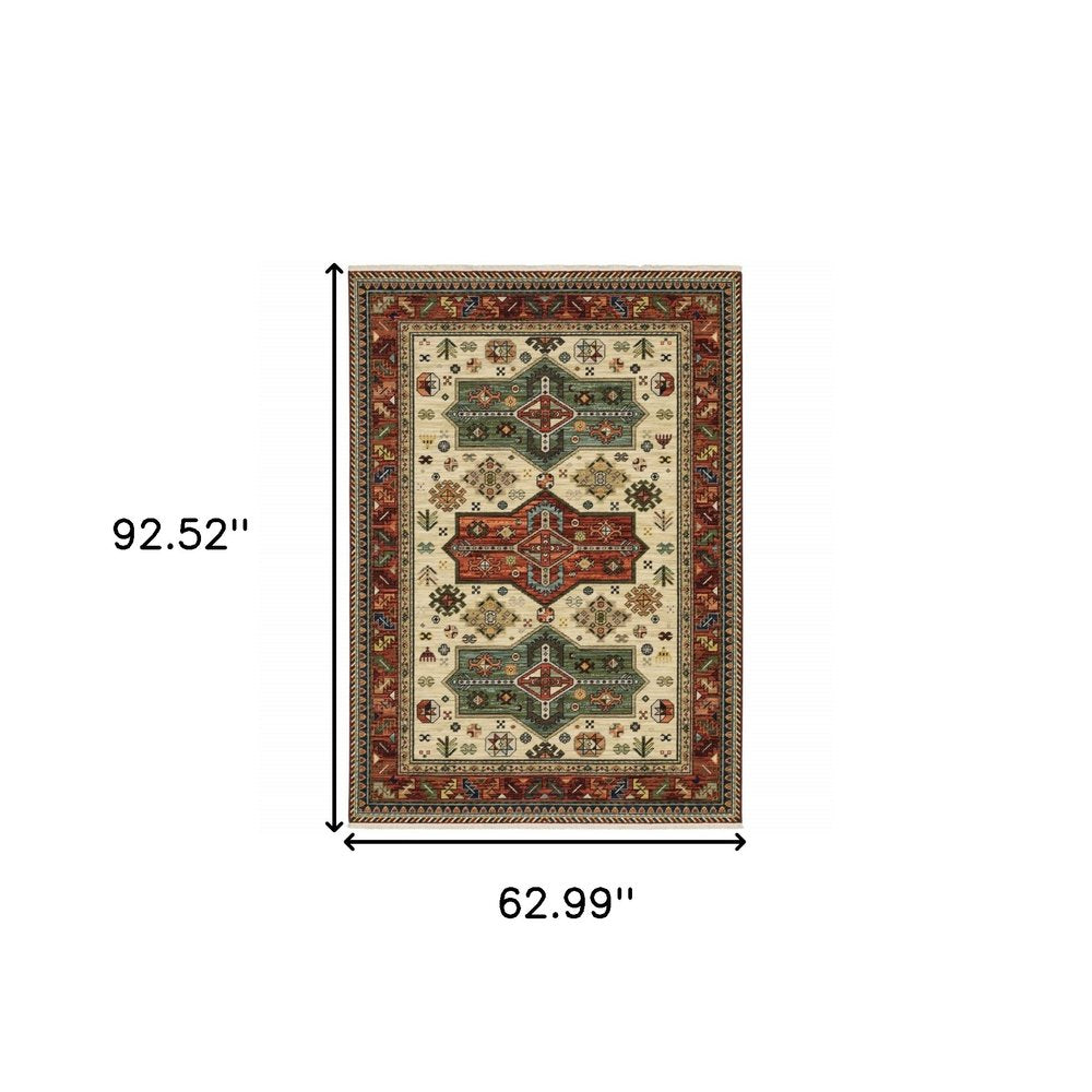 5' X 8' Red Blue And Beige Oriental Area Rug With Fringe