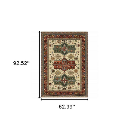 5' X 8' Red Blue And Beige Oriental Area Rug With Fringe