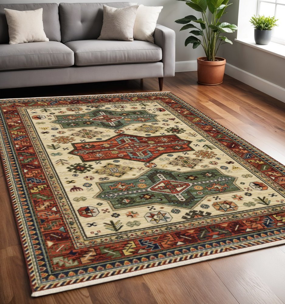5' X 8' Red Blue And Beige Oriental Area Rug With Fringe