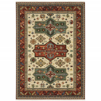 5' X 8' Red Blue And Beige Oriental Area Rug With Fringe
