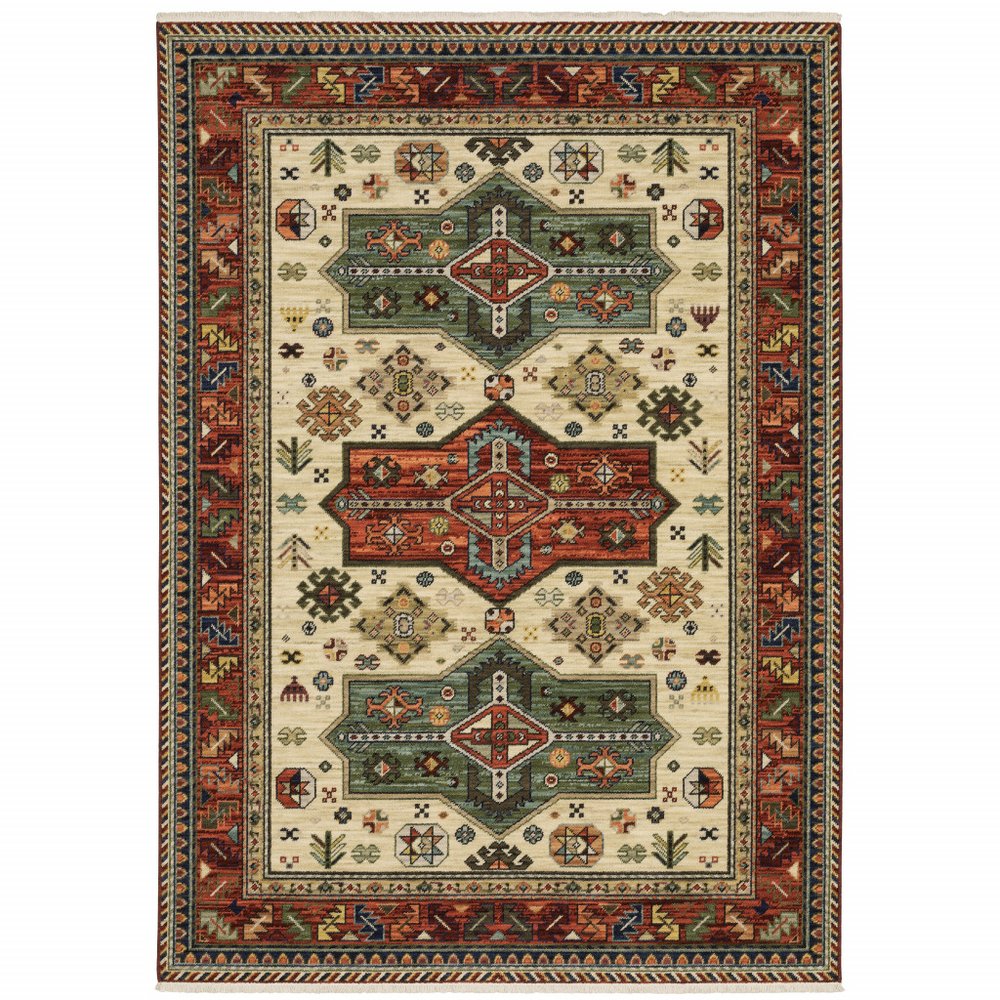5' X 8' Red Blue And Beige Oriental Area Rug With Fringe