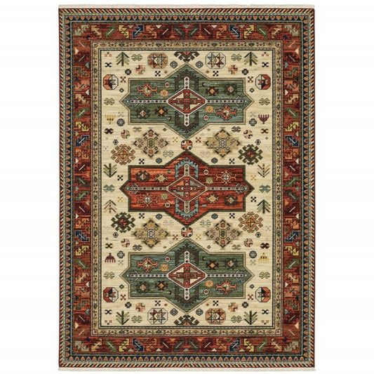 5' X 8' Red Blue And Beige Oriental Area Rug With Fringe