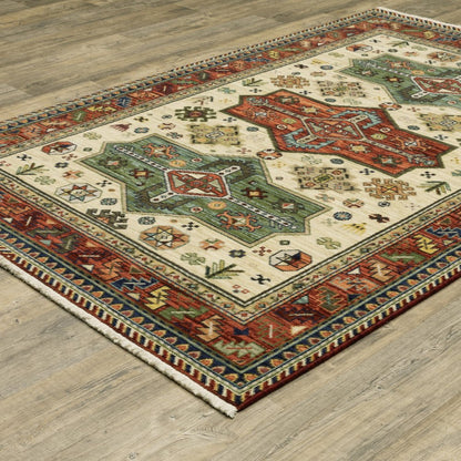 5' X 8' Red Blue And Beige Oriental Area Rug With Fringe