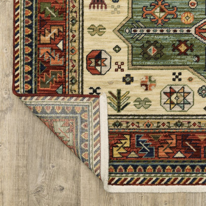 5' X 8' Red Blue And Beige Oriental Area Rug With Fringe